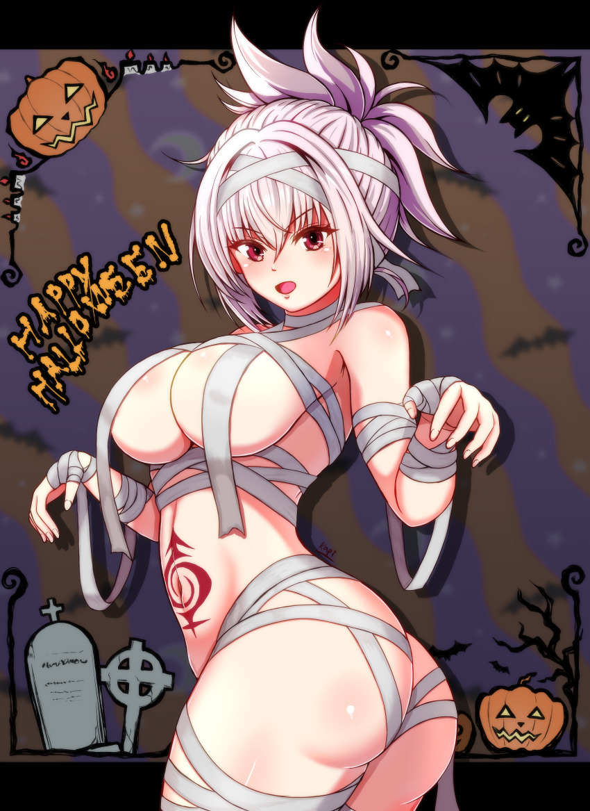 1girl absurdres ass ayakashi_triangle bandages big_kapipara blush breasts butt_crack crossed_bangs genderswap genderswap_(mtf) hair_between_eyes halloween halloween_costume happy_halloween highres kazamaki_matsuri kazamaki_matsuri_(female) mummy_costume navel pumpkin red_eyes shiny_skin solo stomach_tattoo tattoo tombstone