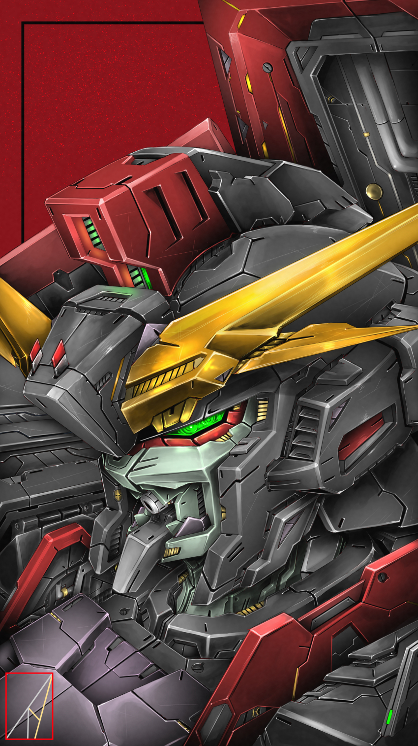 absurdres denjyou23 from_above green_eyes gundam gundam_seed highres looking_ahead mecha mobile_suit no_humans portrait raider_gundam red_background robot science_fiction v-fin