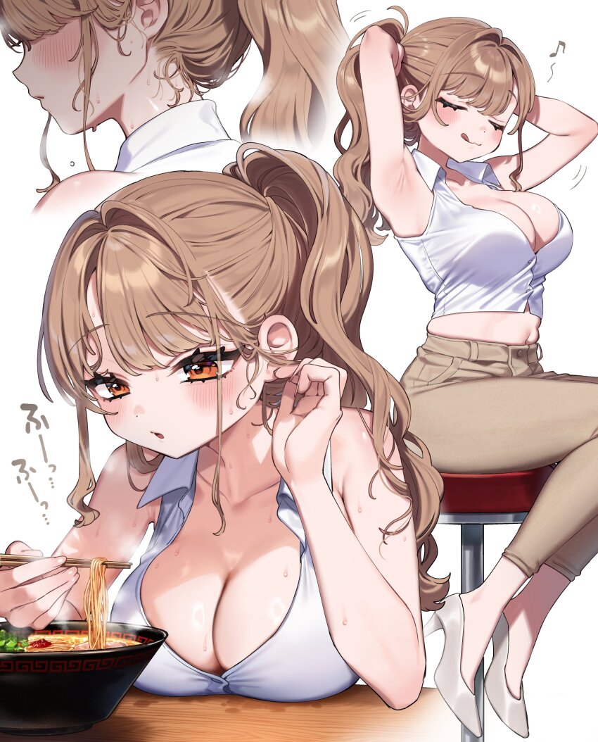 1girl :q absurdres armpits arms_behind_head arms_up bare_shoulders blush bowl breasts brown_hair brown_pants chopsticks cleavage collarbone commentary_request crop_top food full_body high_heels highres holding holding_chopsticks kodama&#039;s_elder_sister_(sakura_yuki) large_breasts midriff multiple_views musical_note navel noodles orange_hair original pants ponytail sakura_yuki_(clochette) shirt simple_background sitting sleeveless smile steam sweat sweet tongue tongue_out tying_hair white_background white_shirt