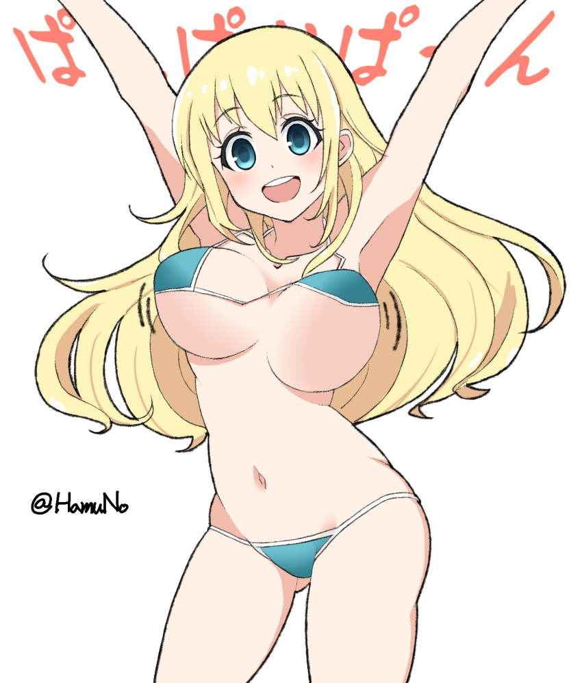 1girl arms_up atago_(kancolle) bikini blonde_hair blue_eyes bouncing_breasts breasts green_bikini hamuno highres kantai_collection large_breasts long_hair one-hour_drawing_challenge open_mouth pan-pa-ka-paaan! round_teeth simple_background solo swimsuit teeth twitter_username upper_teeth_only white_background