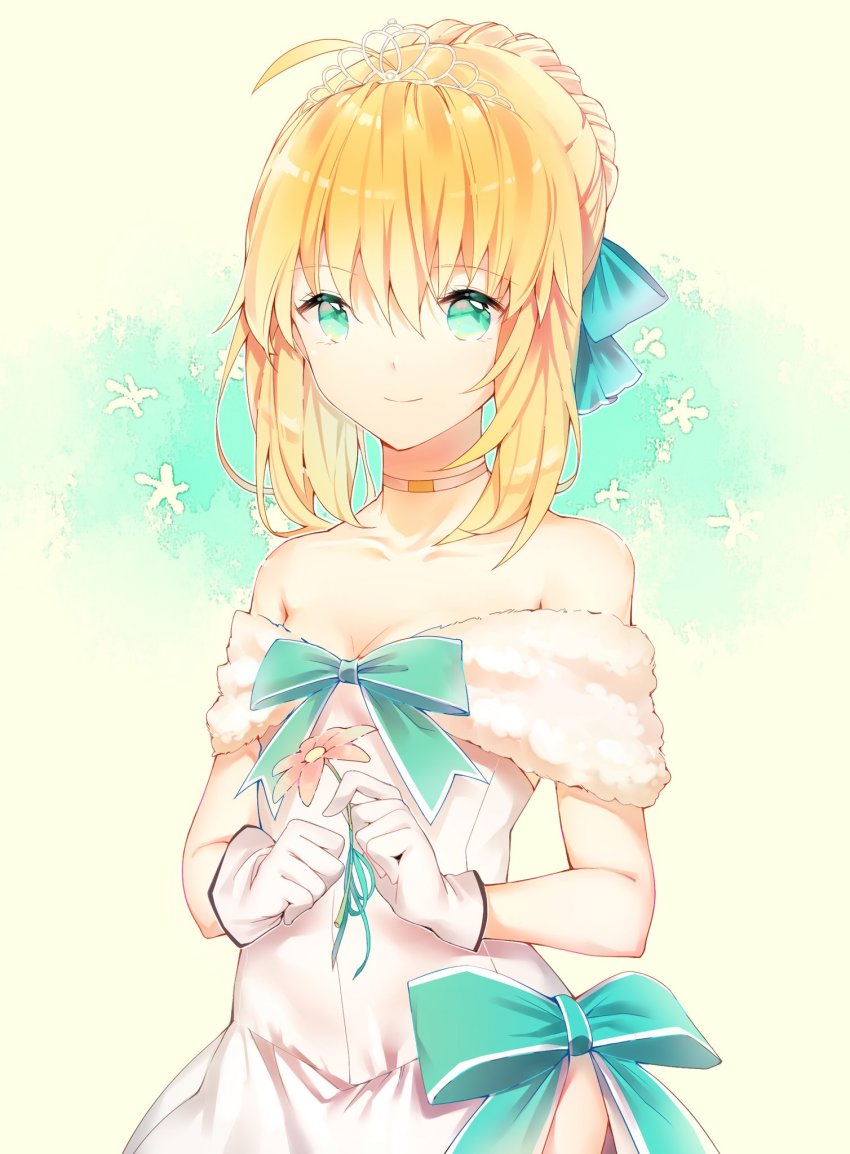 1girl ahoge artoria_pendragon_(fate) blonde_hair blue_bow blue_eyes bow braid braided_bun breasts choker cleavage collarbone diadem dress fate/stay_night fate_(series) female_focus flower gloves hair_between_eyes hair_bow hair_bun highres holding holding_flower kamiowl long_hair off-shoulder_dress off_shoulder official_alternate_costume saber_(fate) saber_(formal_dress)_(fate) sleeveless sleeveless_dress small_breasts solo standing white_background white_dress white_gloves