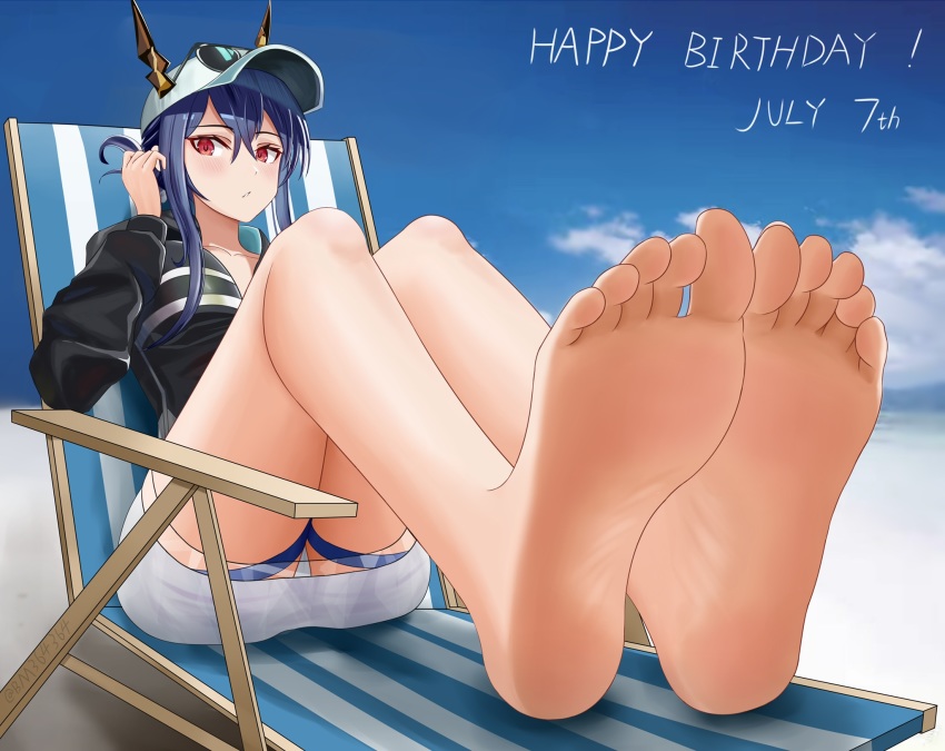 1girl arknights bare_legs barefoot baseball_cap beach beach_chair black_jacket blue_hair blue_sky blush bm_(bm364364) breasts ch&#039;en_(arknights) ch&#039;en_the_holungday_(arknights) cloud cloudy_sky commentary dated day dragon_horns english_commentary eyewear_on_head feet foot_focus full_body hair_between_eyes happy_birthday hat highres horns horns_through_headwear jacket knees_up legs_together long_hair looking_at_viewer medium_breasts miniskirt no_tail official_alternate_costume outdoors parted_lips red_eyes sidelocks sitting skirt sky soles solo sunglasses thigh_strap twitter_username white_hat white_skirt