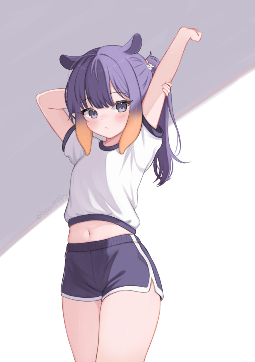 1girl alternate_costume arms_up blue_eyes blue_shorts dolphin_shorts gradient_hair gym_shirt gym_uniform highres hololive hololive_english long_hair looking_at_viewer lynnavtt multicolored_hair navel ninomae_ina&#039;nis orange_hair ponytail purple_hair shirt short_shorts shorts solo stretching takodachi_(ninomae_ina&#039;nis) tentacle_hair virtual_youtuber white_shirt