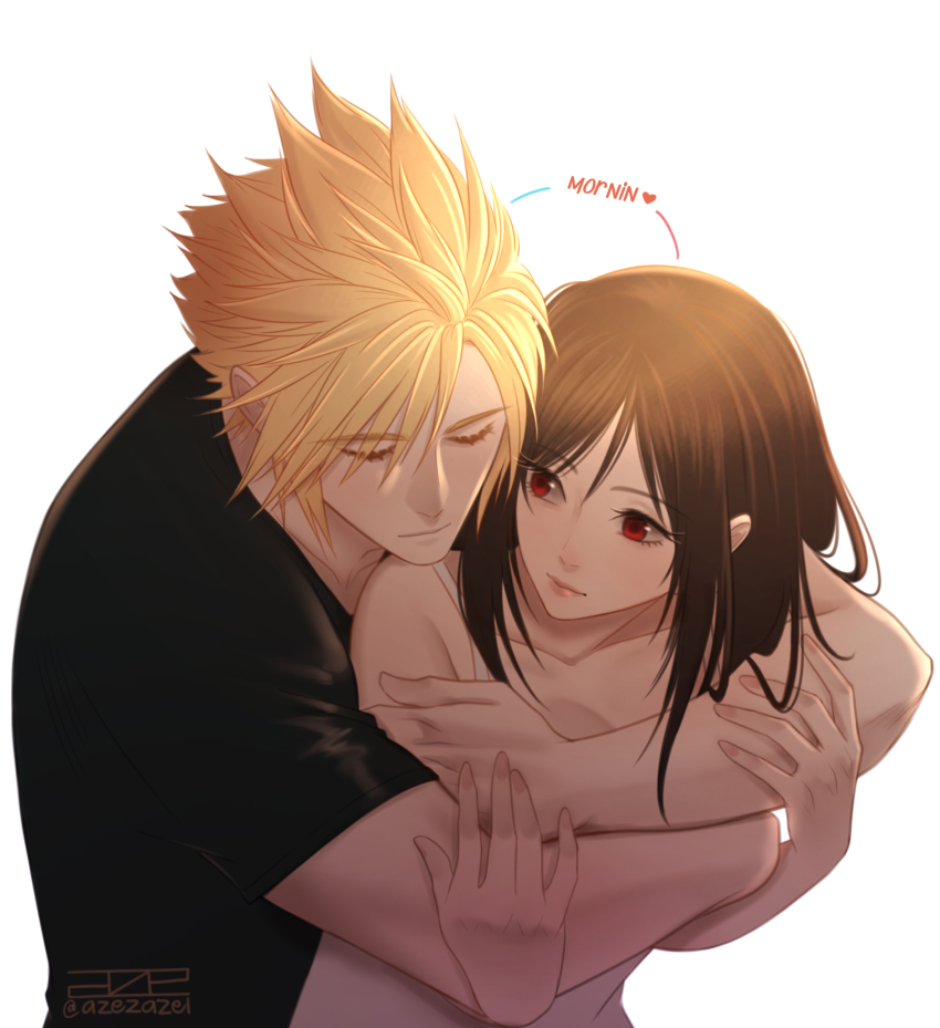 1boy 1girl azezazel black_hair black_shirt blonde_hair closed_eyes closed_mouth cloud_strife collarbone commentary couple english_commentary english_text final_fantasy final_fantasy_vii head_on_another&#039;s_shoulder heads_together heart highres hug hug_from_behind light_smile lips long_hair looking_at_another morning pink_lips pink_nails red_eyes shirt short_hair short_sleeves simple_background spiked_hair tank_top tifa_lockhart white_background white_tank_top