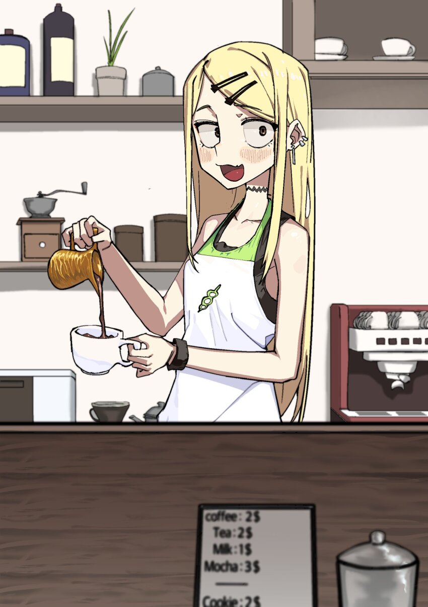 1girl apron bare_shoulders black_shirt blonde_hair blurry blush cafe choker coffee_grinder coffee_maker coffee_pot collarbone cup dagashi_kashi depth_of_field endou_saya english_text fang go_d_e green_apron hair_ornament hairclip highres holding holding_coffee_pot holding_cup indoors kettle korean_commentary long_hair looking_at_viewer menu_board open_mouth plant potted_plant pouring sanpaku shelf shirt sidelocks skin_fang sleeveless sleeveless_shirt smile solo standing straight_hair two-tone_apron upper_body very_long_hair white_apron yellow_eyes