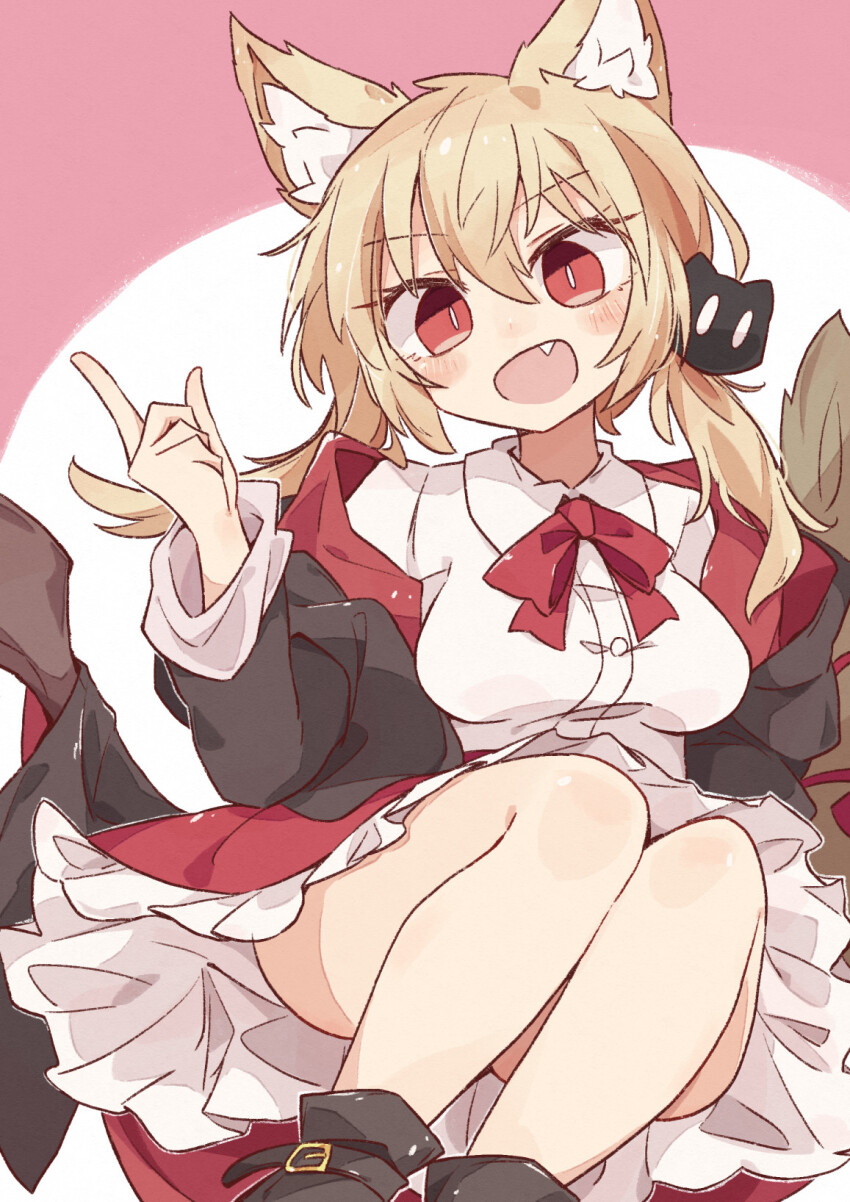 1girl animal_ear_fluff animal_ears black_footwear blonde_hair blush breasts collared_shirt commission fang fox_ears hair_between_eyes hand_up highres long_hair medium_breasts minoru_minoru open_mouth original red_eyes red_ribbon ribbon shirt sidelocks skeb_commission slit_pupils solo white_shirt