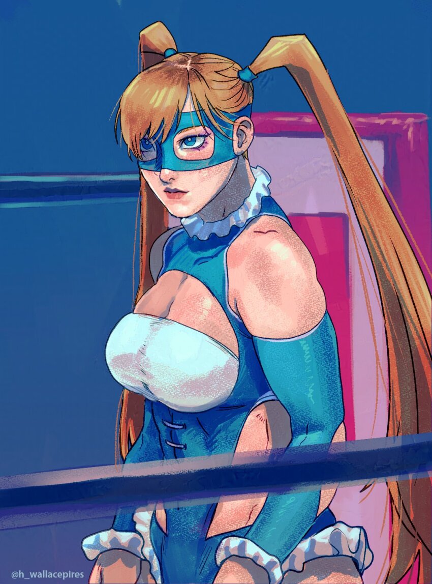 1girl bare_shoulders blonde_hair blue_eyes blue_leotard bodysuit breasts cleavage cleavage_cutout clothing_cutout domino_mask dress frills hair_pulled_back highres large_breasts leotard lips long_hair looking_at_viewer mask rainbow_mika shoulder_cutout solo street_fighter street_fighter_v street_fighter_zero_(series) twintails very_long_hair wallace_pires wrestling_outfit wrestling_ring