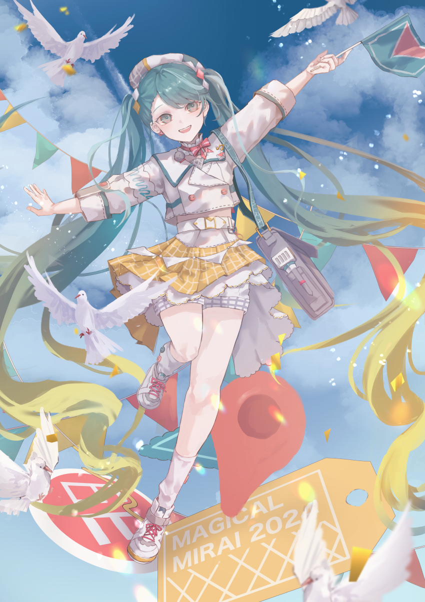 1girl 39 absurdres aqua_eyes bag banner beret bird blue_sky buttons cloud cloudy_sky commentary_request cropped_jacket cross-laced_footwear diamond_hair_ornament dove earrings flag full_body gradient_hair hat hatsune_miku highres holding holding_flag jacket jewelry layered_skirt leg_up long_hair magical_mirai_(vocaloid) magical_mirai_miku magical_mirai_miku_(2024) multicolored_hair open_mouth outstretched_arms plaid_clothes plaid_skirt sanou shoes shorts shorts_under_skirt shoulder_bag skirt sky smile sneakers socks solo spread_arms standing standing_on_one_leg tag twintails very_long_hair vocaloid white_jacket white_sneakers white_socks