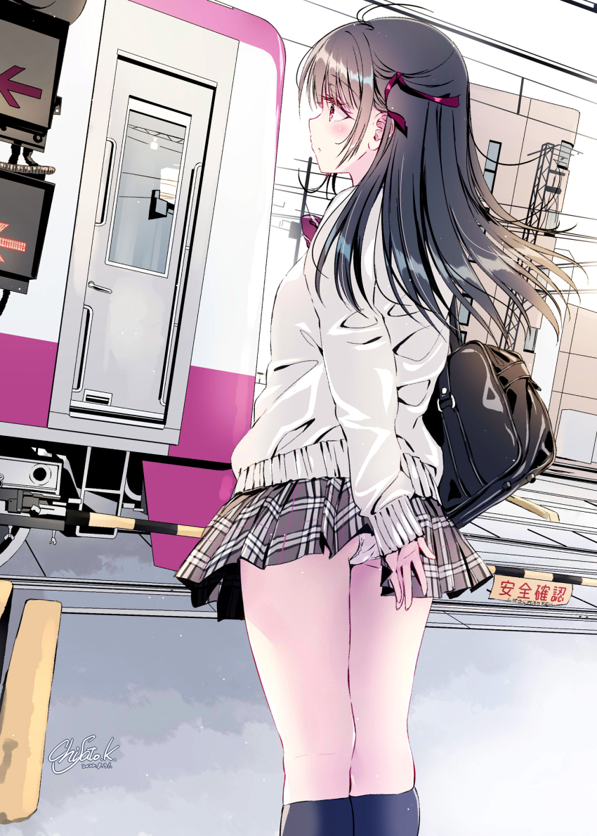 1girl arrow_(symbol) bag black_bag black_eyes blue_socks bow bowtie cable cardigan carrying_bag door from_side grey_skirt hair_behind_ear hair_ribbon highres kobayashi_chisato long_hair looking_ahead motor_vehicle original panties pantyshot plaid_clothes plaid_skirt pleated_skirt power_lines profile purple_bow purple_bowtie purple_ribbon radio_tower railroad_tracks ribbon school_bag school_uniform sign signature skirt socks solo standing striped_bow striped_bowtie striped_clothes train train_station underwear wardrobe_malfunction watermark white_cardigan white_panties