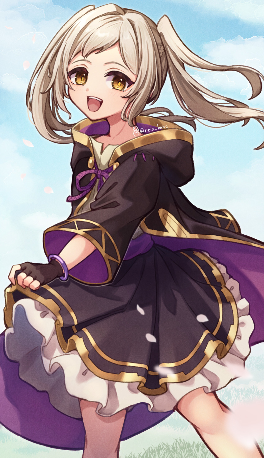 1girl aged_down bare_legs black_cape black_dress black_gloves black_skirt bracelet cape child cloud dress falling_petals fingerless_gloves fire_emblem fire_emblem_awakening fire_emblem_heroes gloves highres jewelry light_smile long_hair long_sleeves looking_at_viewer nintendo on_grass open_mouth petals reia_hana robin_(female)_(child)_(fire_emblem) robin_(female)_(fire_emblem) robin_(fire_emblem) skirt sky smile solo twintails white_hair yellow_eyes