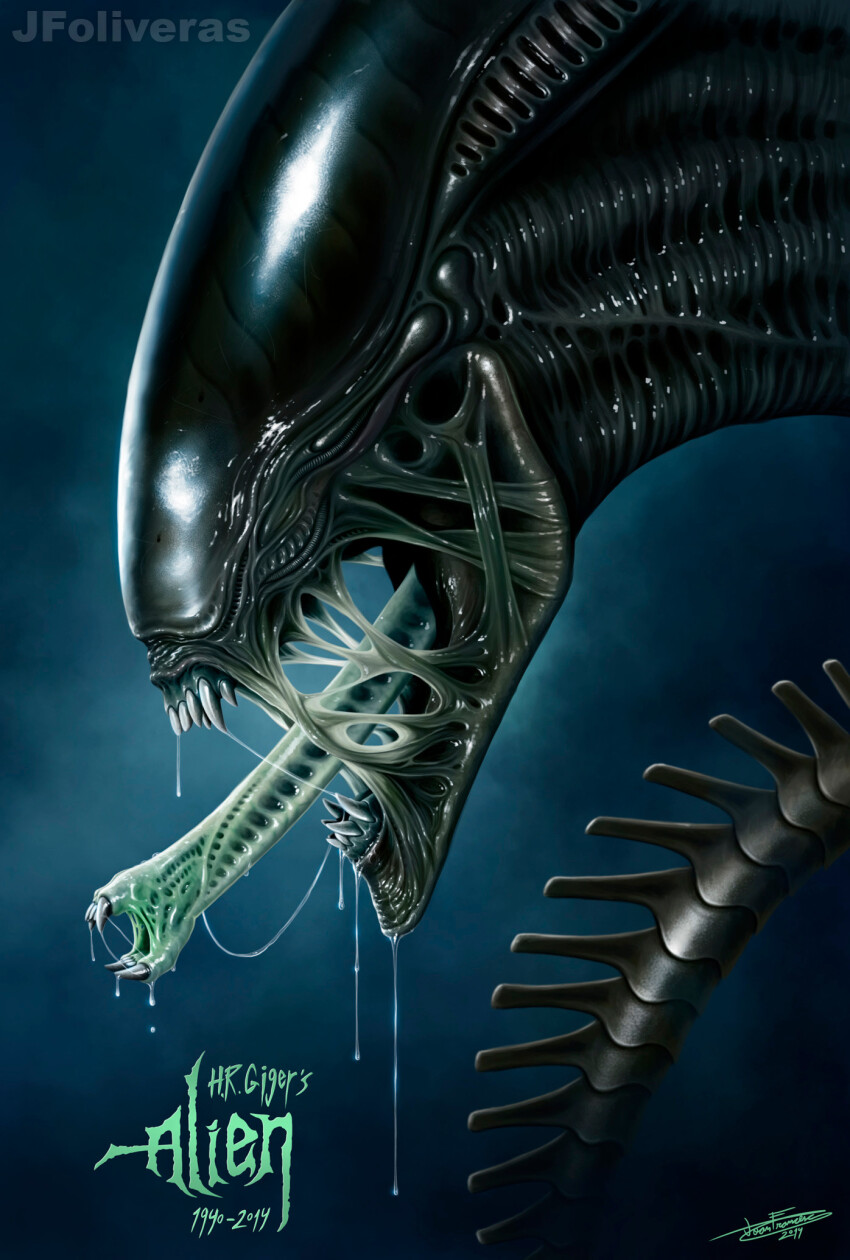 alien alien_(1979) alien_(1979) alien_(series) dark_background drooling highres jfoliveras long_tongue monster mouth_drool no_humans simple_background tongue tongue_out watermark xenomorph