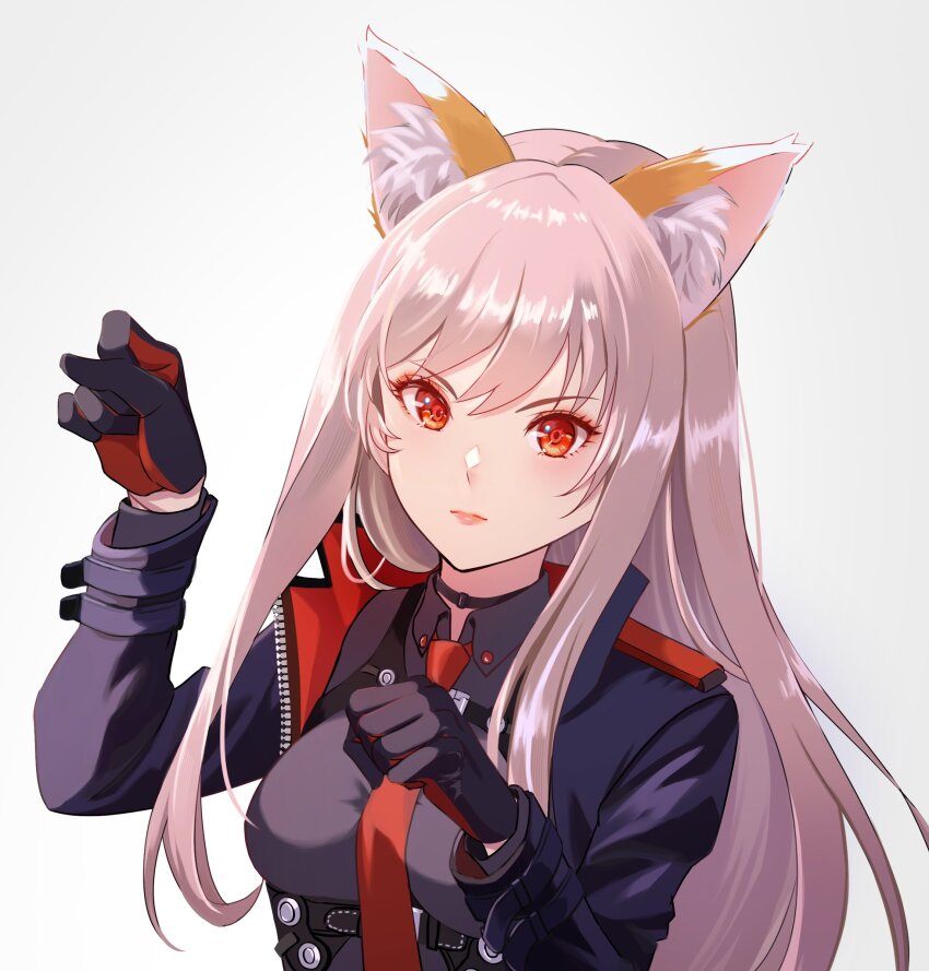 1girl animal_ears animal_pose arms_up black_gloves black_jacket black_shirt chest_harness choker clenched_hands closed_mouth collared_shirt erihoshikoshi fake_animal_ears fox_ears gloves goddess_of_victory:_nikke harness highres jacket light_blush light_brown_hair lips long_hair necktie orange_gloves paw_pose rapi_(nikke) red_eyes red_necktie shirt simple_background solo two-tone_gloves upper_body white_background zipper