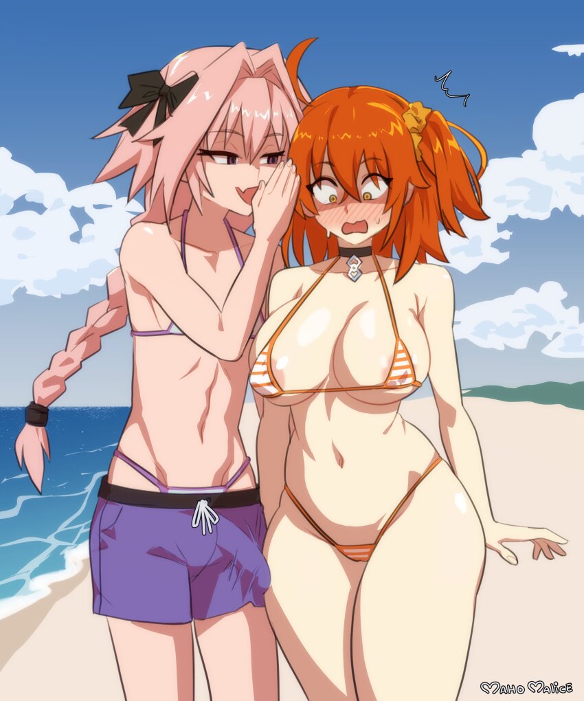 1boy 1girl absurdres ahoge artist_name astolfo_(fate) beach bikini black_bow black_choker blue_sky blush bow braid braided_ponytail breasts bulge choker cloud cloudy_sky collarbone commentary cowboy_shot crossdressing crossed_bangs day english_commentary erection erection_under_clothes fang fate_(series) fujimaru_ritsuka_(female) genderswap genderswap_(mtf) hair_between_eyes hair_bow hair_intakes hair_ornament hair_scrunchie halterneck highres large_breasts long_hair maho_malice medium_hair micro_bikini multicolored_bikini multicolored_clothes navel nose_blush ocean one_side_up open_mouth orange_bikini orange_hair orange_scrunchie outdoors pink_hair purple_bikini purple_eyes purple_shorts scrunchie short_shorts shorts skin_fang sky striped_bikini striped_clothes sweatdrop swimsuit trap two-tone_bikini very_long_hair whispering_in_ear white_bikini