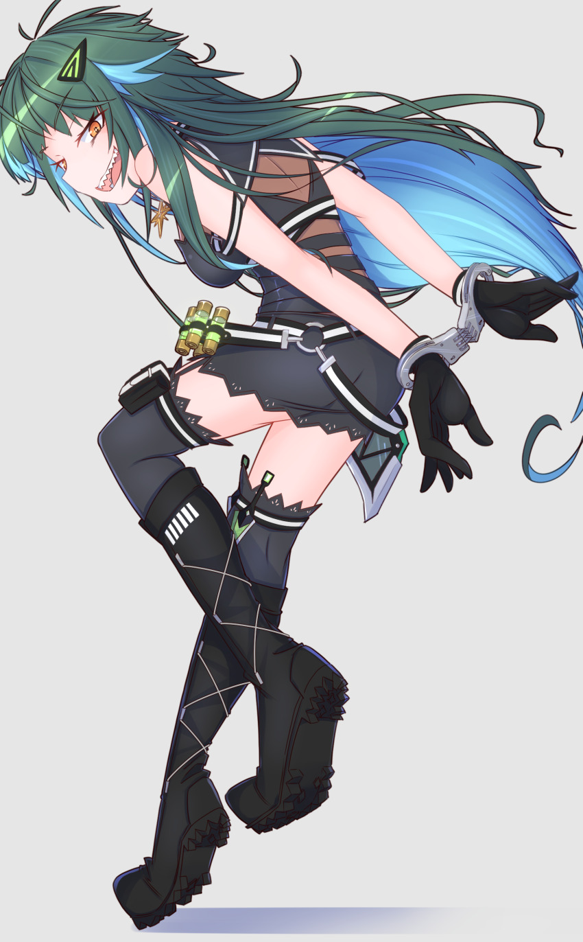 1girl :d absurdres arms_behind_back bare_shoulders blue_hair boots bound bound_wrists colored_inner_hair cuffs full_body grey_background grey_hair hair_ornament hairclip handcuffs highres kitakoji_hisui long_hair menou_74 messy_hair multicolored_hair nijisanji open_mouth orange_eyes pouch sharp_teeth smile solo teeth thigh_pouch thighhighs two-tone_hair very_long_hair virtual_youtuber
