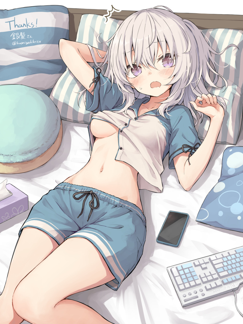 1girl arm_behind_head bare_legs bed black_ribbon blue_shirt blue_shorts blush breasts buttons commission d: drawstring embarrassed english_text hamigakikoice hand_up highres computer_keyboard long_hair looking_at_viewer lying medium_breasts medium_hair navel notice_lines one_side_up open_mouth original phone pillow purple_eyes ribbon ribbon-trimmed_sleeves ribbon_trim shirt short_sleeves shorts skeb_commission solo stomach striped_pillow thank_you thighs tissue_box twitter_username two-tone_shirt underboob white_hair white_shirt