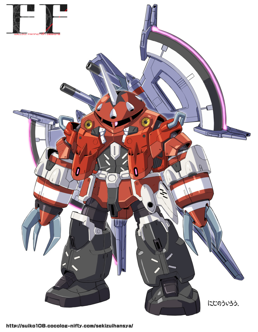 axe full_body gundam gundam_seed gundam_seed_freedom highres mecha no_humans robot sousou_no_frieren standing stark_(sousou_no_frieren) watermark web_address white_background yanagi_joe z&#039;gok z&#039;gok_(seed)