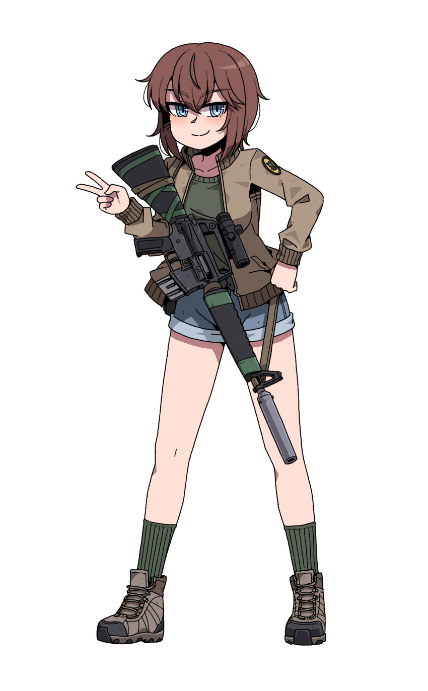 1girl assault_rifle breasts briar_(gamingsentry) brown_hair brown_jacket commission commissioner_upload grey_jacket gun highres jacket karepack long_sleeves m16 m16a1 non-web_source open_clothes open_jacket original patch rifle shirt short_hair suppressor weapon