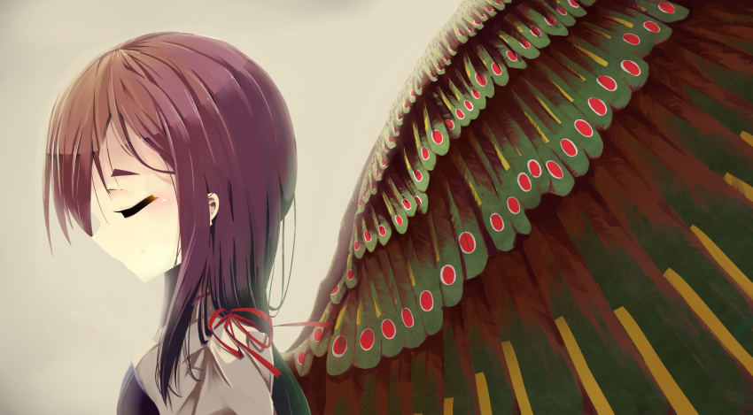 1girl akagi_(kancolle) armor bow breastplate closed_eyes feathered_wings gradient_hair green_hair highres kantai_collection long_hair multicolored_hair multicolored_wings muneate portrait profile purple_hair red_bow shiratama_mochi solo wings