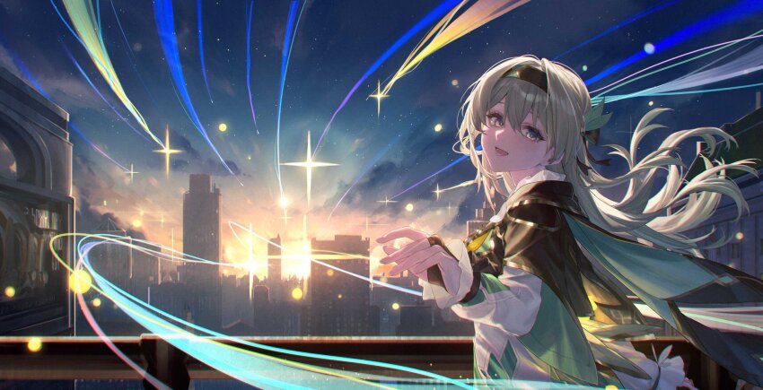 building cropped_jacket firefly_(honkai:_star_rail) grey_hair hair_ornament hair_ribbon hairband highres honkai:_star_rail honkai_(series) multicolored_eyes neckerchief orange_neckerchief ribbon shooting_star star_(symbol) takubon