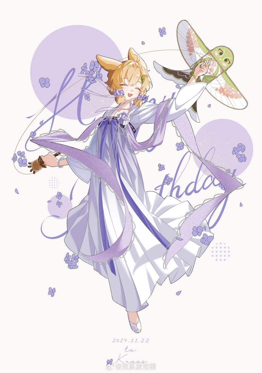 1girl absurdres alternate_costume animal_ears arknights blonde_hair chinese_clothes closed_eyes dated dress english_text facing_viewer flower full_body gloves hanfu highres holding kexi_bosimao kite kite_flying kite_string kroos_(arknights) long_sleeves low-tied_sidelocks official_alternate_costume open_mouth purple_flower qixiong_ruqun rabbit_ears ribbon shawl shoes short_hair simple_background smile solo weibo_watermark weiss_schnee white_background white_dress white_footwear