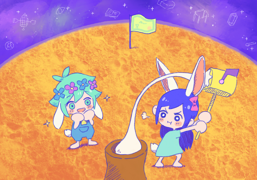 1boy 1girl animal_ears antenna_hair aubrey_(headspace)_(omori) aubrey_(omori) barefoot basil_(headspace)_(omori) basil_(omori) blue_overalls blue_shirt blush bow bright_pupils chibi chibi_only flag flower food green_eyes green_hair hair_bow head_wreath highres kemonomimi_mode long_hair long_shirt looking_at_another looking_at_viewer mailbox_(incoming_mail) mochi mochitsuki omori open_mouth overall_shorts overalls pink_bow purple_eyes purple_hair rabbit_boy rabbit_ears rabbit_girl rabbit_tail shirt short_hair short_sleeves smile sparkle sun_iiinu t-shirt tail white_pupils