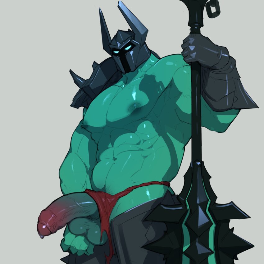 1boy abs absurdres armor dendryte_axxon erection foreskin gauntlets glowing glowing_eyes helmet highres holding holding_weapon mace male_focus mordekaiser muscular muscular_male navel nipples precum simple_background solo testicles weapon