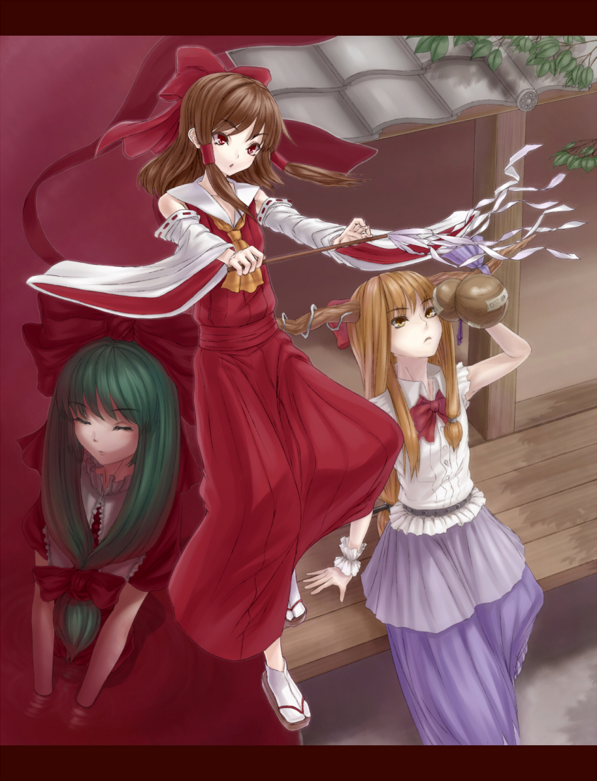 3girls bad_id bad_pixiv_id blonde_hair bow brown_hair detached_sleeves female_focus front_ponytail gohei gourd green_hair hair_ribbon hakurei_reimu highres horns ibuki_suika japanese_clothes kagiyama_hina kronossin long_hair miko multiple_girls oonusa red_eyes ribbon shinomoto_gekka short_hair touhou