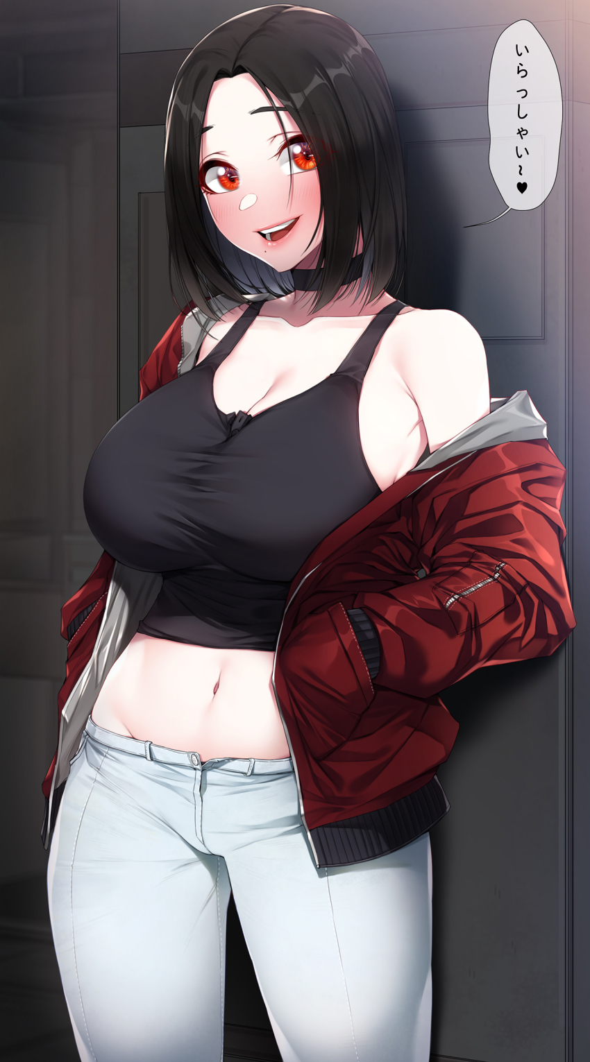 1girl akchu bare_shoulders black_choker black_hair black_tank_top breasts choker cleavage crop_top hands_in_pockets highres hina_(akchu) jacket large_breasts looking_to_the_side midriff navel off_shoulder open_mouth orange_eyes original pale_skin pants red_jacket short_hair single_bare_shoulder tank_top translation_request white_pants