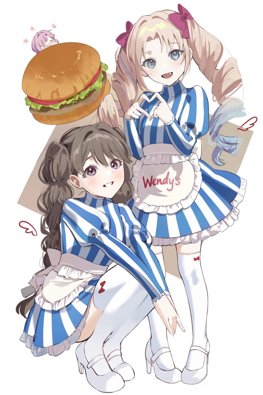 3girls 4-finger_heart_hands :&gt; =_= anyoji_hime blonde_hair blue_dress blue_eyes blue_hair blunt_bangs bow brown_hair burger chibi closed_eyes closed_mouth commentary dkou drawn_wings dress drill_hair fang food fujishima_megumi full_body gradient_hair grin hair_bow hair_intakes hashtag-only_commentary heart heart_hands high_heels highres juliet_sleeves link!_like!_love_live! long_hair long_sleeves looking_at_viewer love_live! mary_janes mira-cra_park! multi-tied_hair multicolored_hair multiple_girls official_alternate_costume official_alternate_hairstyle open_mouth osawa_rurino parted_bangs pink_bow pink_hair puffy_sleeves purple_eyes shoes short_dress simple_background smile squatting standing striped_clothes striped_dress swept_bangs thighhighs twin_drills twintails v_arms vertical-striped_clothes vertical-striped_dress virtual_youtuber wendy&#039;s white_background white_footwear white_thighhighs zettai_ryouiki