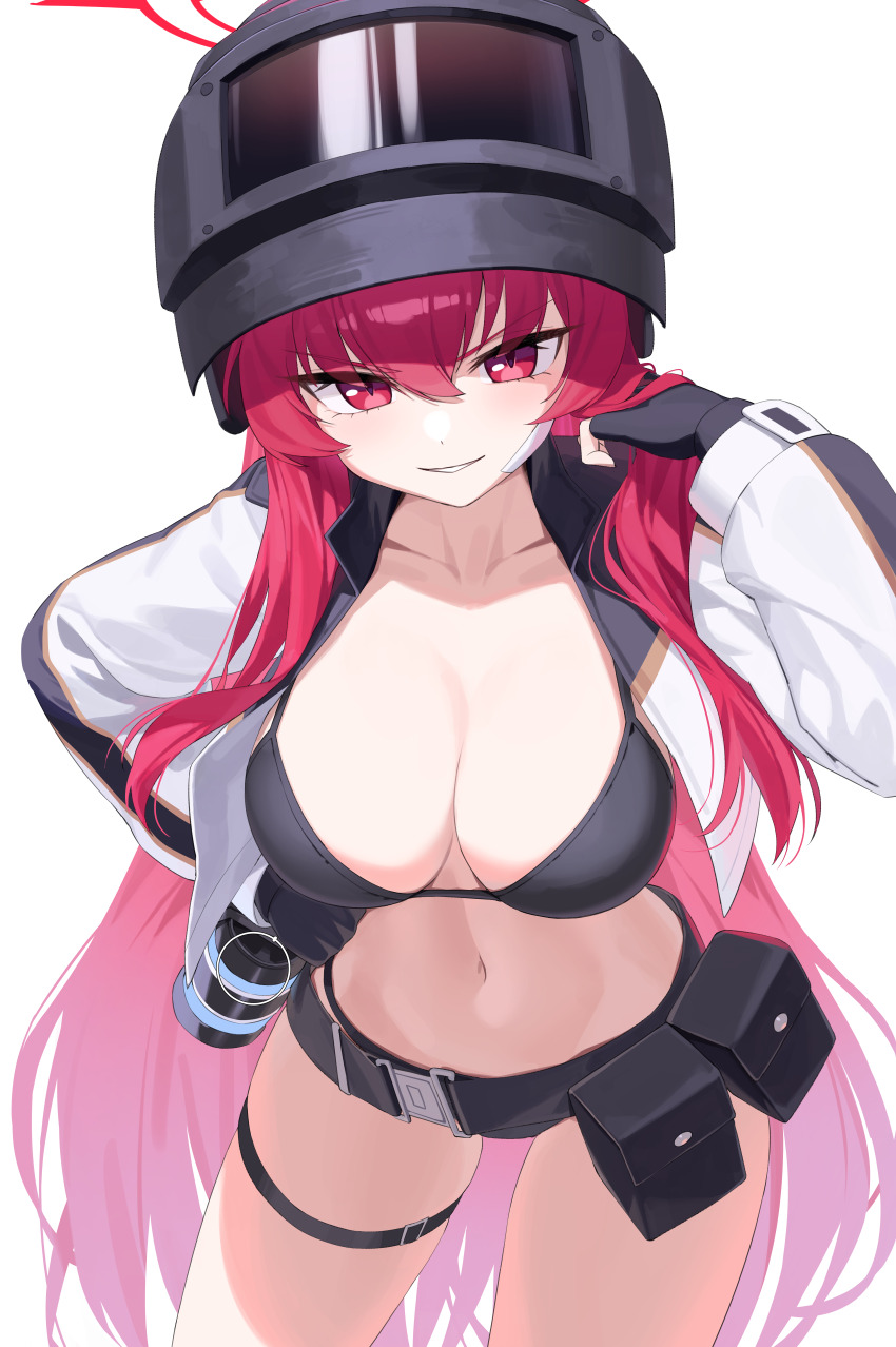 1girl absurdres blue_archive breasts cleavage collarbone gauze gauze_on_cheek halo helmet highres jacket long_hair looking_at_viewer navel open_clothes open_jacket rabu_(blue_archive) red_eyes red_hair red_halo sgholln simple_background smile standing thighs white_background white_jacket