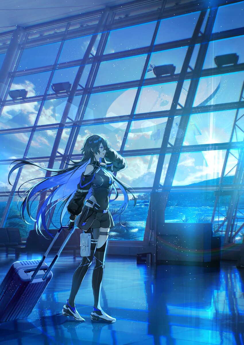 1girl absurdres airport arm_up asymmetrical_legwear bare_shoulders black_gloves black_hair black_shirt black_shorts black_thighhighs covered_navel full_body gloves highres holding_luggage indoors kamitsubaki_studio koko_(kamitsubaki_studio) kuga_huna long_hair purple_eyes radar_dish rolling_suitcase shirt shorts solo suitcase thigh_strap thighhighs virtual_youtuber white_footwear window