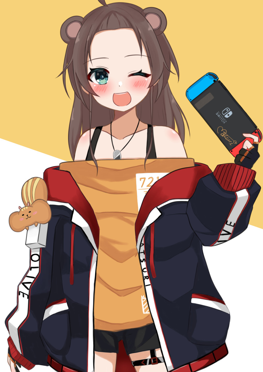 1girl :d absurdres animal_ears bear_ears black_gloves black_shorts blouse blue_eyes blue_jacket blush brown_hair cowboy_shot dog_tags forehead garter_straps gloves highres hololive jacket looking_at_viewer matsurisu medium_hair mitsuboshi_nuko natsuiro_matsuri natsuiro_matsuri_(gaming_casual) nintendo_switch off_shoulder one_eye_closed open_mouth orange_shirt parted_bangs partially_fingerless_gloves shirt short_shorts shorts simple_background single_garter_strap smile solo_focus thigh_strap virtual_youtuber