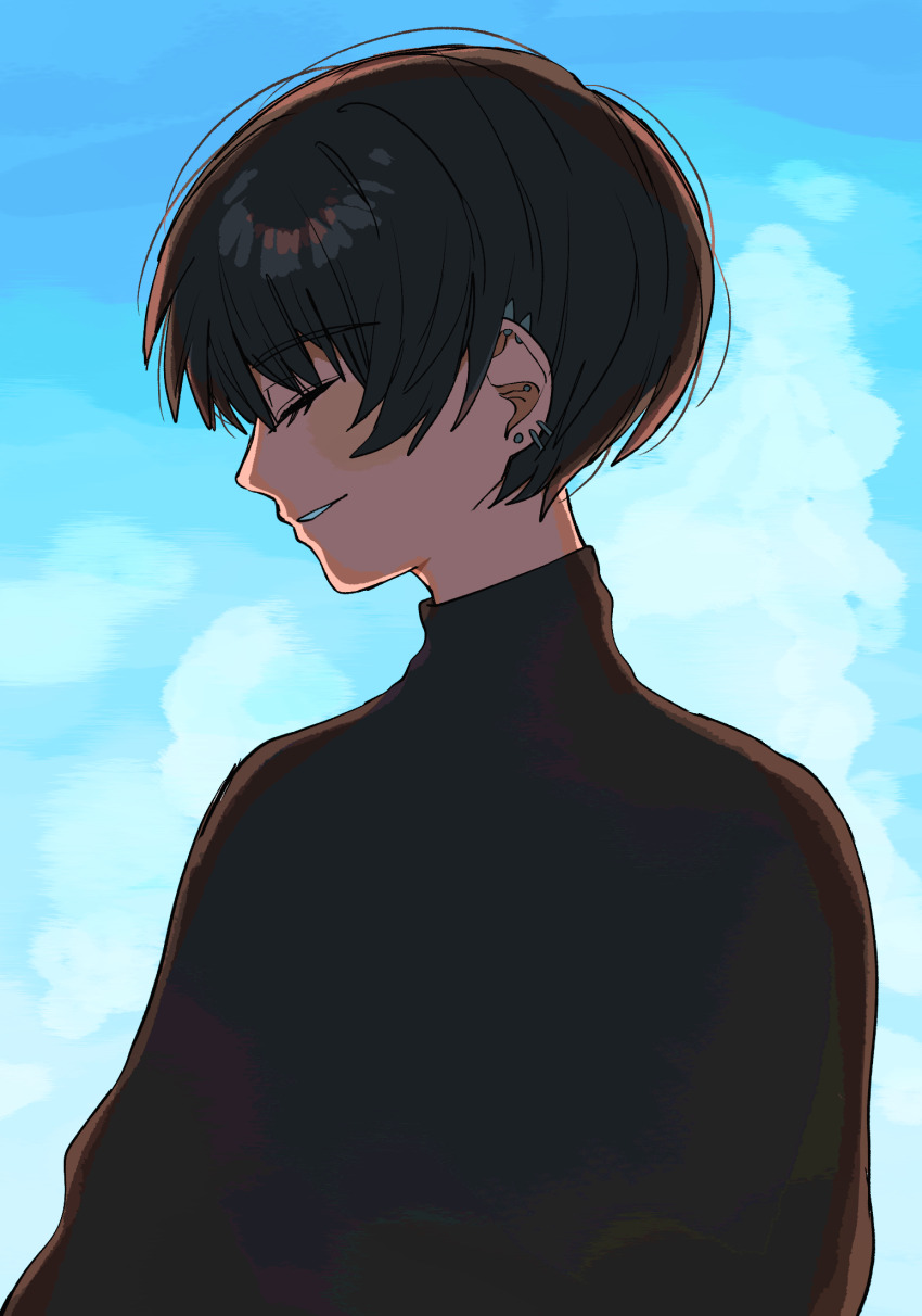 1girl alexkota1115 black_hair black_shirt closed_eyes ear_piercing from_side highres original piercing shirt short_hair simple_background sky smile solo sweater tomboy turtleneck turtleneck_sweater upper_body