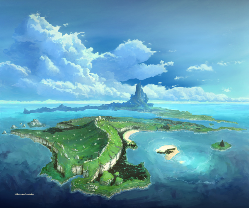 beach blue_sky building cliff cloud commentary day english_commentary fantasy from_above grass highres island mountain no_humans ocean original rock sand satoru_wada scenery signature sky town tree water