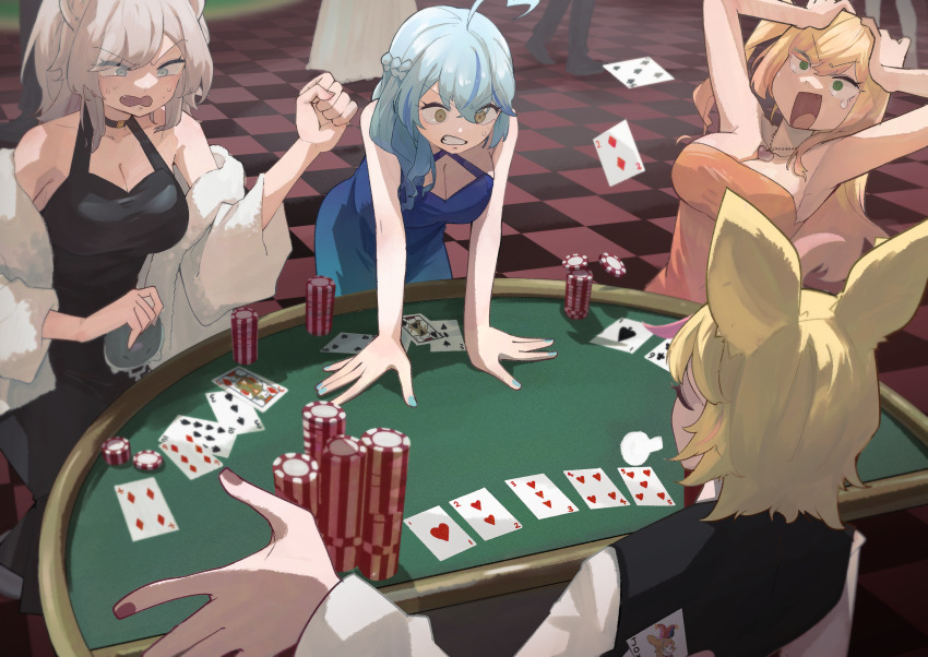 4girls ace_(playing_card) ace_of_hearts ace_of_spades ahoge alternate_costume animal_ears bare_shoulders black_dress black_vest blonde_hair blue_dress blue_eyes blue_nails braid breasts card checkered_floor cleavage clenched_teeth cocktail_dress commentary_request criss-cross_halter dress elf fang five_of_clubs five_of_hearts four_of_clubs four_of_diamonds four_of_hearts fox_ears green_eyes halter_dress halterneck hands_on_table heart heart_ahoge highres holding holding_wallet hololive jack_(playing_card) jack_of_diamonds joker_(playing_card) large_breasts lion_ears lion_girl long_hair mato_(target5260) medium_hair momosuzu_nene multicolored_hair multiple_girls nepolabo omaru_polka one_side_up orange_dress pink_hair playing_card pointy_ears poker poker_chip shirt shishiro_botan short_hair six_of_diamonds spade_(shape) straight_flush_(poker) strapless strapless_dress streaked_hair tears teeth ten_of_spades three_of_hearts three_of_spades two-tone_hair two_of_diamonds two_of_hearts vest virtual_youtuber wallet white_shirt yukihana_lamy