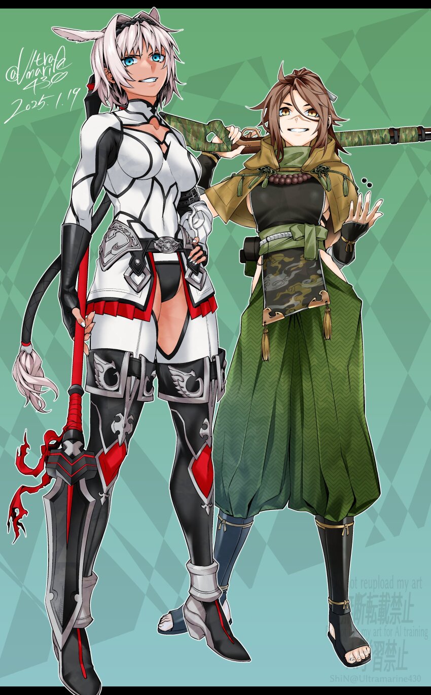 2girls absurdres ahoge animal_ears blue_eyes breasts brown_eyes brown_hair caenis_(fate) dark-skinned_female dark_skin fate/grand_order fate_(series) green_pants gun hair_between_eyes hair_intakes hakama hakama_pants harpoon highres hip_vent japanese_clothes large_breasts long_hair looking_at_viewer medium_breasts multiple_girls musket pants ponytail_holder rope_belt scar scar_on_face scar_on_nose shin_(ultramarine430) sideboob sideless_dress sideless_outfit smile sugitani_zenjubou_(fate) sugitani_zenjubou_(third_ascension)_(fate) weapon white_hair white_nails wrist_wrap