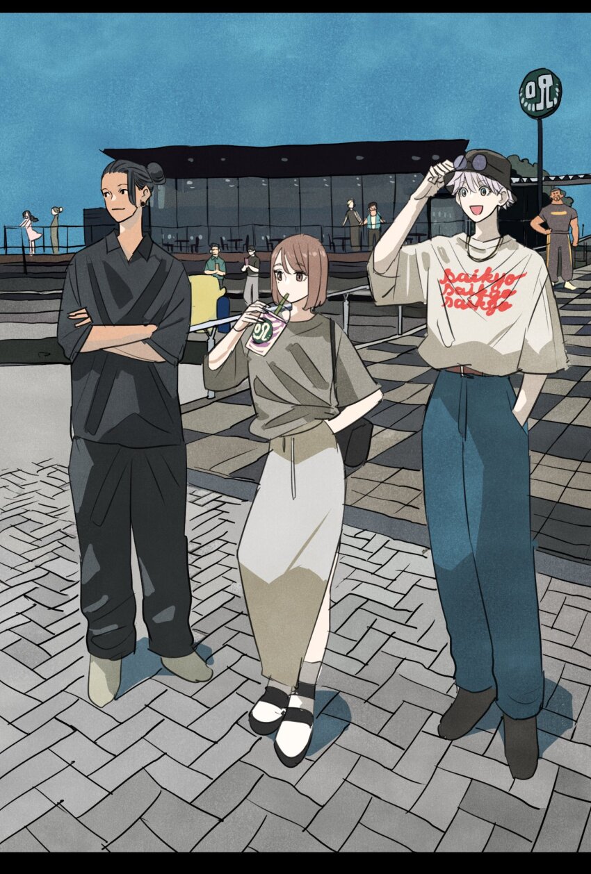 3girls 6+boys amanai_riko black_hair blue_sky bob_cut brown_eyes brown_hair commentary_request crossed_arms drinking full_body fushiguro_touji getou_suguru gojou_satoru haibara_yu hair_bun hand_in_pocket hat highres ieiri_shoko jujutsu_kaisen kuroi_misato letterboxed mole mole_under_eye multiple_boys multiple_girls nanami_kento sky takeuchi_ryousuke toudou_aoi_(jujutsu_kaisen) white_hair