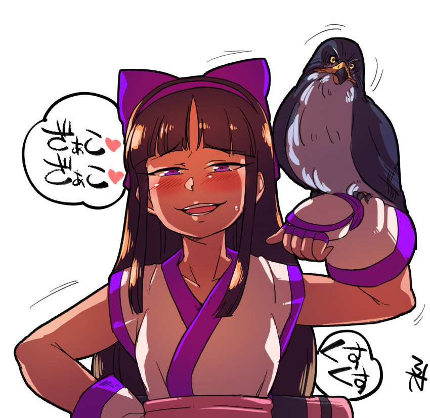 1girl ainu_clothes blush breasts brown_hair dark-skinned_female dark_skin fingerless_gloves gloves hair_ribbon half-closed_eyes hand_on_own_hip heart highres japanese_text long_hair looking_at_viewer medium_breasts murasaki_nakoruru naughty_face open_mouth purple_eyes ribbon samurai_spirits smile snk teeth tongue translation_request weapon