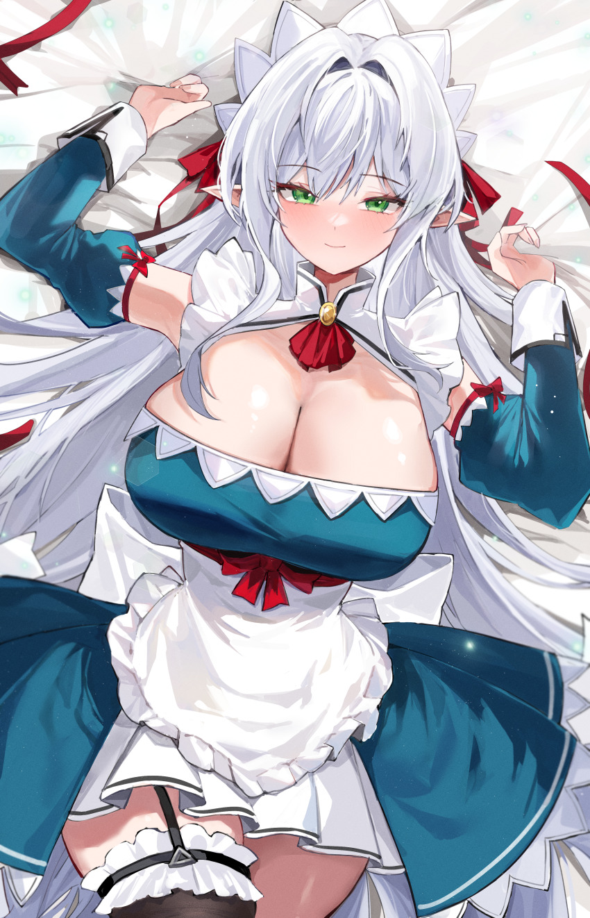 1girl absurdres alternate_costume apron armpits arms_up bare_shoulders bed_sheet black_thighhighs blue_dress breasts cleavage closed_mouth commission detached_sleeves dress elsword frills garter_straps green_eyes gurami_(zangizarang) headdress highres large_breasts long_sleeves lying maid maid_apron maid_headdress on_back pointy_ears rena_erindel single_garter_strap single_thighhigh sleeveless sleeveless_dress smile solo thighhighs white_hair