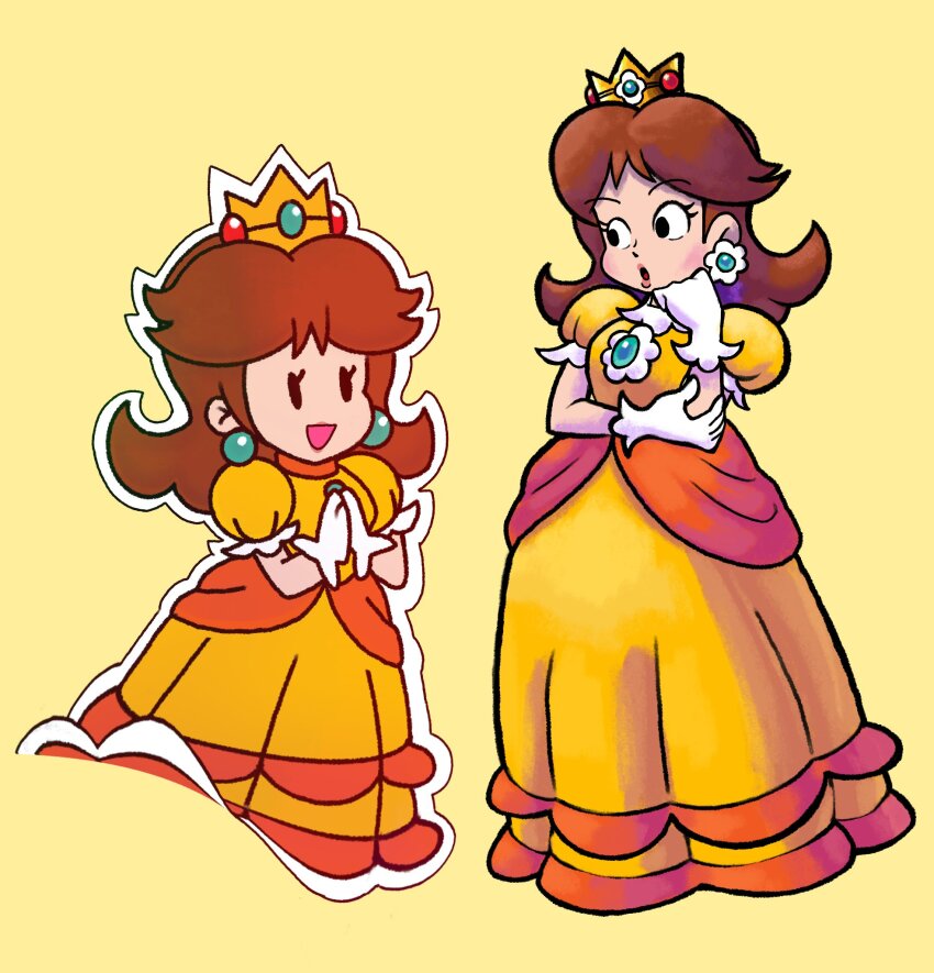 2girls brown_hair crown donutpastry dress dual_persona earrings flower_earrings gloves highres jewelry long_dress looking_at_another mario_&amp;_luigi_rpg mario_(series) masanori_sato_(style) medium_hair multiple_girls multiple_style_parody nintendo open_mouth orange_dress paper_mario paper_mario_(style) parody princess_daisy puffy_short_sleeves puffy_sleeves short_sleeves simple_background sphere_earrings style_parody white_gloves yellow_background