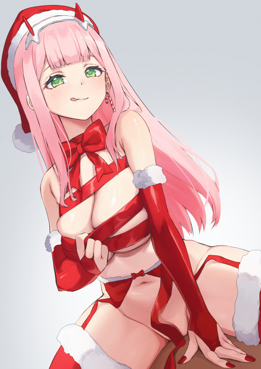 1girl arm_support armpit_crease bare_shoulders blush bow bowtie breasts bridal_gauntlets candy_cane_earrings candy_earrings christmas cleavage closed_mouth commentary darling_in_the_franxx earrings english_commentary eyeshadow fingernails fur-trimmed_headwear fur-trimmed_thighhighs fur_trim garter_belt girl_on_top gradient_background green_eyes grey_background hairband hat highres horns huge_breasts jewelry kangbus licking_lips lifting_own_clothes long_hair makeup nail_polish naked_ribbon navel no_panties pink_hair pink_lips pom_pom_(clothes) red_bow red_bowtie red_bridal_gauntlets red_eyeshadow red_garter_belt red_hat red_horns red_nails red_ribbon red_thighhighs ribbon santa_hat smile solo_focus stomach straight_hair thighhighs thighs tongue tongue_out white_hairband zero_two_(darling_in_the_franxx)