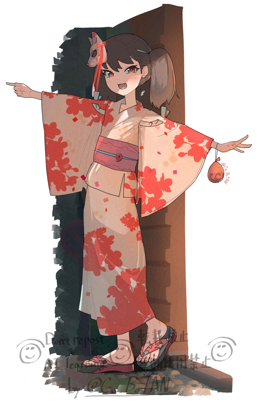 1girl :d absurdres alternate_costume blush brown_eyes brown_hair co_botan commentary_request floral_print floral_print_kimono fox_mask from_side full_body hair_between_eyes highres japanese_clothes kantai_collection kimono long_hair looking_at_viewer mask obi open_mouth outdoors print_kimono ryuujou_(kancolle) sandals sash smile solo standing translation_request twintails watermark white_background white_kimono wide_sleeves yukata