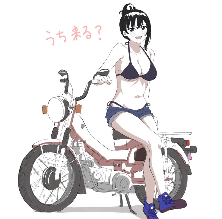 1girl :d bare_arms bare_shoulders bikini black_bikini black_hair blue_footwear blue_shorts blush breasts cleavage collarbone grey_eyes hair_bun hair_up halterneck highres honda honda_super_cub large_breasts looking_at_viewer midriff moped motor_vehicle motorcycle navel on_motorcycle open_mouth partially_colored reiko_(super_cub) round_teeth scooter shadow shoes short_shorts shorts side-tie_bikini_bottom sideboob simple_background sincos single_hair_bun sitting sketch smile sneakers solo string_bikini super_cub swimsuit teeth translation_request underboob upper_teeth_only white_background