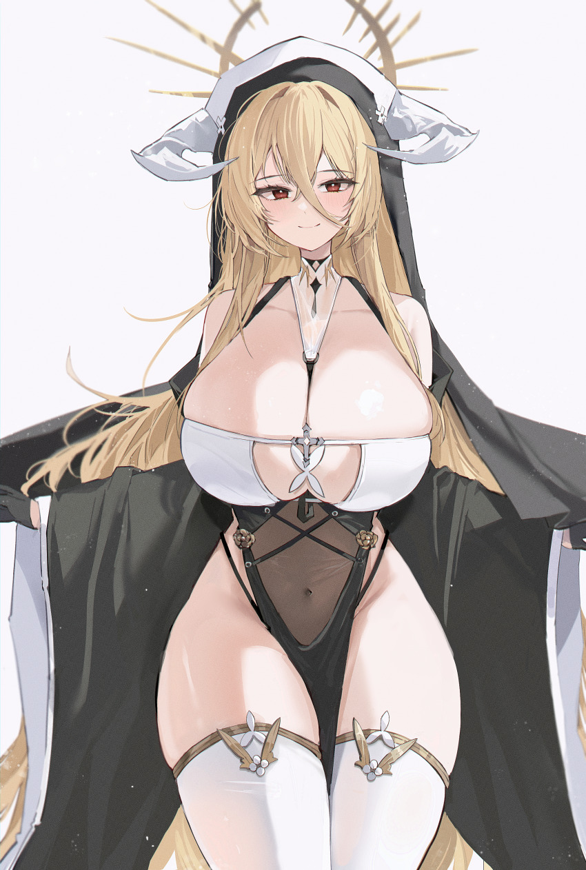 1girl absurdres azur_lane bare_shoulders black_gloves blonde_hair blush breasts cleavage cowboy_shot fake_horns gloves gurami_(zangizarang) habit hair_between_eyes highres horns huge_breasts implacable_(azur_lane) light_smile long_hair looking_at_viewer nun pelvic_curtain red_eyes revealing_clothes simple_background solo standing thighhighs veil very_long_hair white_horns white_thighhighs