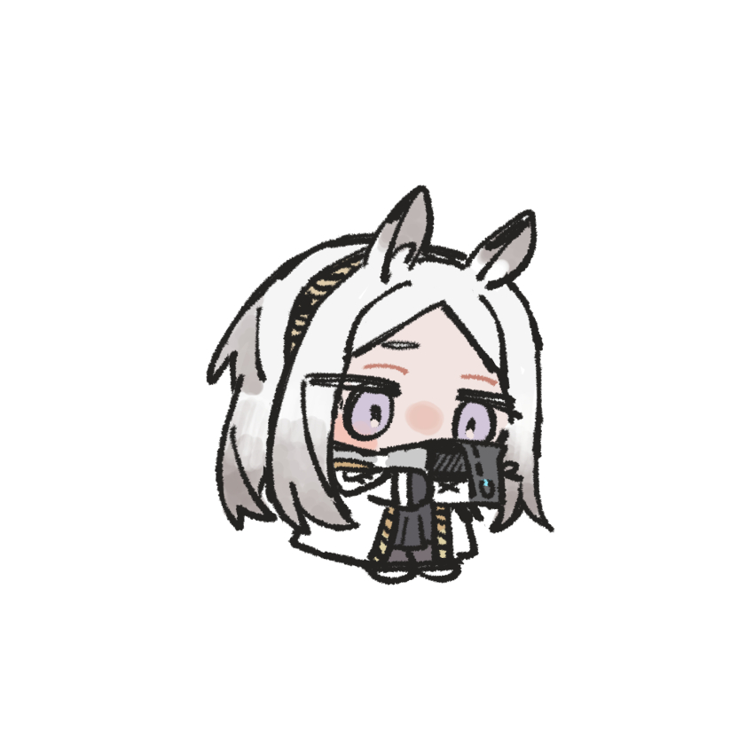 1girl animal_ears arknights black_gloves character_doll chibi chibi_only chickenuma_0 commentary_request doctor_(arknights) full_body gloves grey_hair hairband heavyrain_(arknights) highres holding jacket long_hair long_sleeves purple_eyes simple_background solo striped_clothes striped_hairband white_background white_jacket yellow_hairband