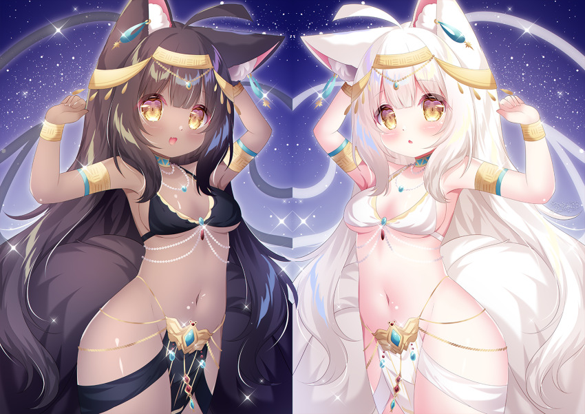 2girls :o animal_ears arms_up black_bra blue_background blue_gemstone blush bra breasts brown_hair cat_ears circlet commentary_request cowboy_shot dancer dark-skinned_female dark_skin gem gold_headband hamiyamiko long_hair looking_at_viewer multiple_girls navel original sideboob small_breasts stomach underwear very_long_hair white_bra white_hair bracelet yellow_eyes