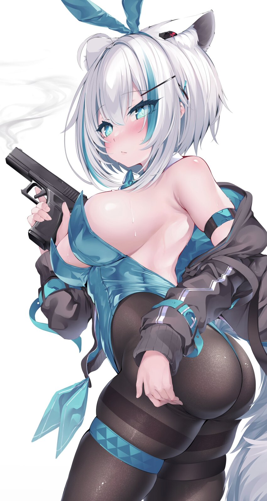 1girl absurdres ahoge animal_ear_fluff animal_ears aqua_eyes aqua_leotard armband black_jacket black_pantyhose blush breasts clothes_down cowboy_shot expressionless extra_ears fake_animal_ears fine_fabric_emphasis fox_ears fox_girl fox_tail from_side glock grabbing_own_ass gun hair_between_eyes hair_ornament hairclip handgun highres holding holding_gun holding_weapon jacket konagi_(konotuki) large_breasts leotard looking_at_viewer medium_hair multicolored_hair open_clothes open_jacket original pantyhose playboy_bunny rabbit_ears simple_background smoke smoking_barrel solo strap strapless strapless_leotard streaked_hair sweat tail thigh_strap thighband_pantyhose weapon white_background white_hair