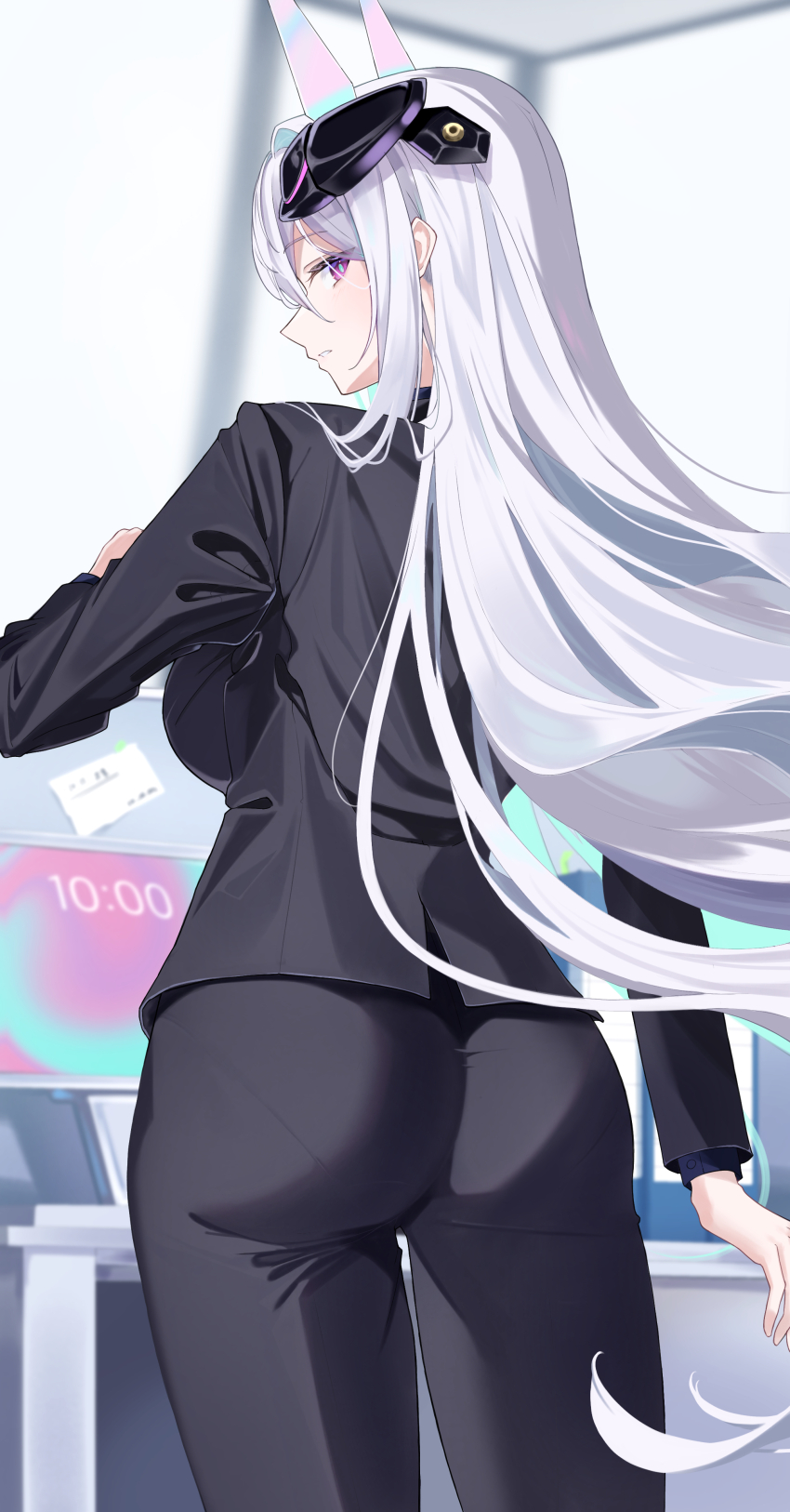 1girl absurdres alternate_costume aqua_pupils ass azur_lane black_jacket black_pants black_suit blue_shirt blurry blurry_background breasts commentary_request cowboy_shot desk formal_clothes from_behind hair_between_eyes hair_ornament headgear highres horns indoors jacket kearsarge_(azur_lane) large_breasts long_hair long_sleeves looking_at_viewer looking_back mechanical_horns monitor pant_suit pants pantylines parted_lips purple_eyes rubisco shirt solo standing suit suit_jacket very_long_hair white_hair