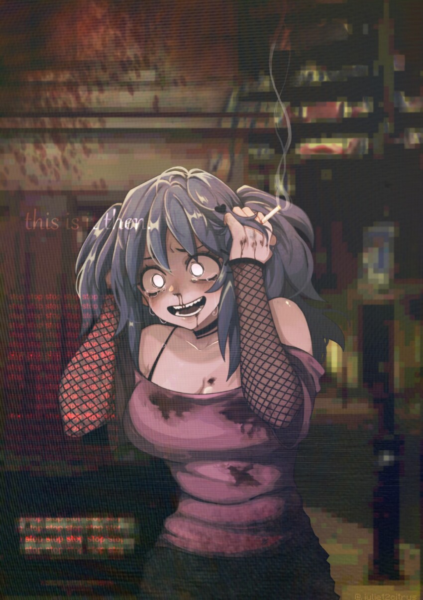 1girl artist_name bare_shoulders black_choker blood blood_on_clothes blood_on_face blue_hair breasts choker cigarette cleavage crying crying_with_eyes_open empty_eyes english_text fishnet_sleeves fishnets glitch hair_ornament heart heart_hair_ornament highres holding holding_cigarette j2citrus lacey_(lacey_games) lacey_games large_breasts medium_hair nosebleed off-shoulder_shirt off_shoulder open_mouth outdoors photo_background ptsd purple_shirt shirt smoke solo tears twintails white_eyes