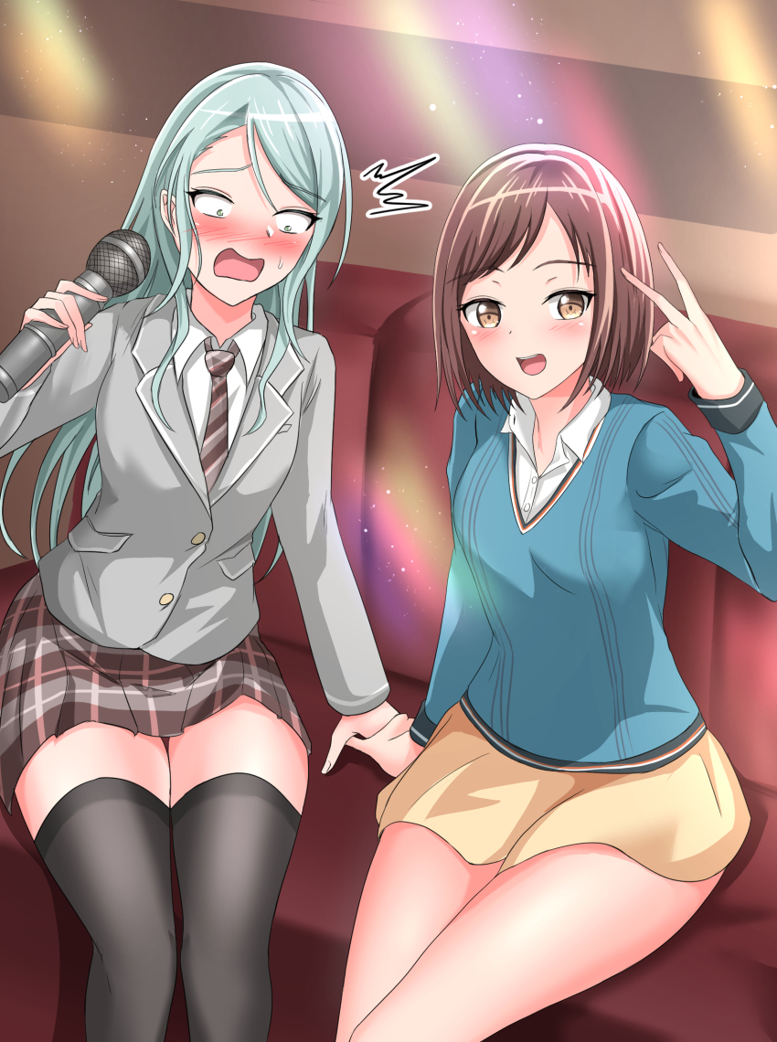 2girls :d ^^^ aqua_hair bang_dream! benzhu_(benzhu0617) black_thighhighs blazer blue_sweater blush brown_eyes brown_hair brown_necktie brown_skirt collared_shirt constricted_pupils couch diagonal-striped_clothes diagonal-striped_necktie embarrassed feet_out_of_frame furrowed_brow grey_jacket hand_up haneoka_school_uniform hazawa_tsugumi highres hikawa_sayo holding holding_hands holding_microphone indoors inward_v jacket karaoke looking_at_hand looking_at_viewer microphone miniskirt multiple_girls necktie on_couch open_mouth plaid_clothes plaid_skirt pleated_skirt rectangular_mouth school_uniform shirt short_hair sitting skirt smile striped_clothes sweat sweater thighhighs v white_shirt yellow_skirt yuri zettai_ryouiki